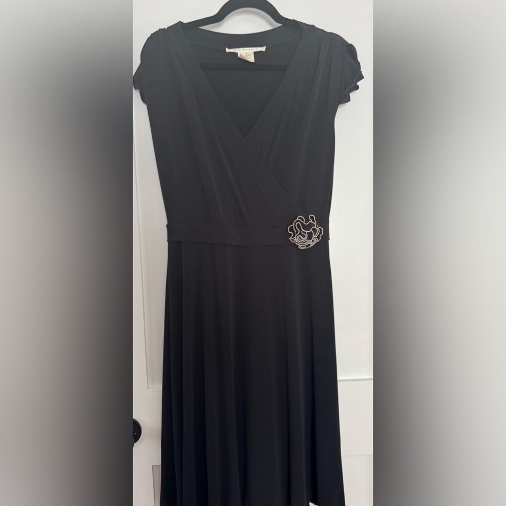 Max Studio Black Midi Wrap Dress with Floral Pin Accent